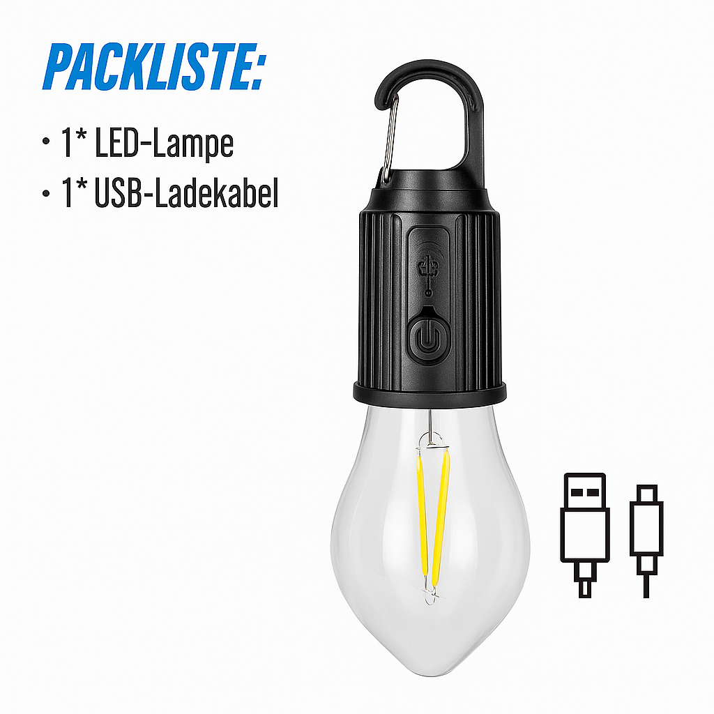 Camping LED Lampe mit USB-Aufladung – Tragbare Outdoor-Laterne mit Haken und hoher Helligkeit