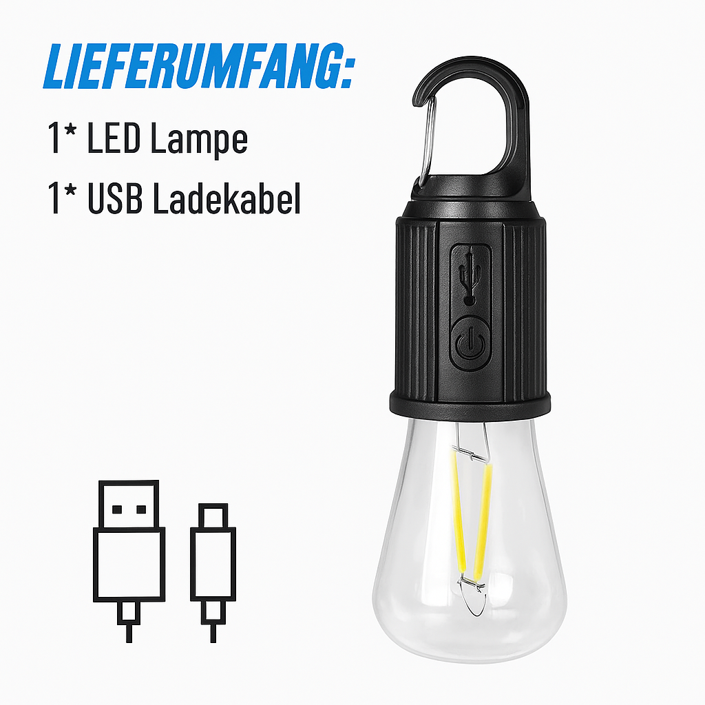 Camping LED Lampe mit USB-Aufladung – Tragbare Outdoor-Laterne mit Haken und hoher Helligkeit