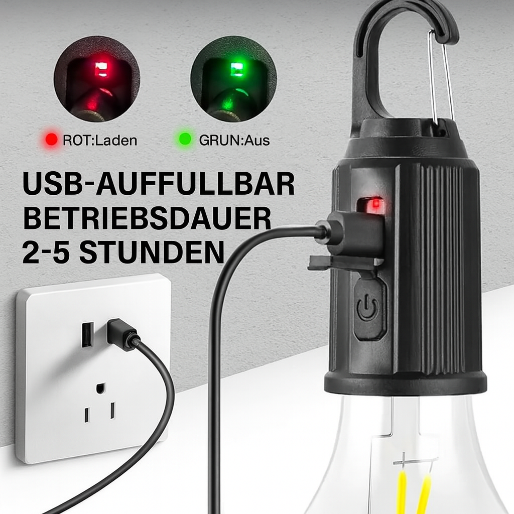 Camping LED Lampe mit USB-Aufladung – Tragbare Outdoor-Laterne mit Haken und hoher Helligkeit